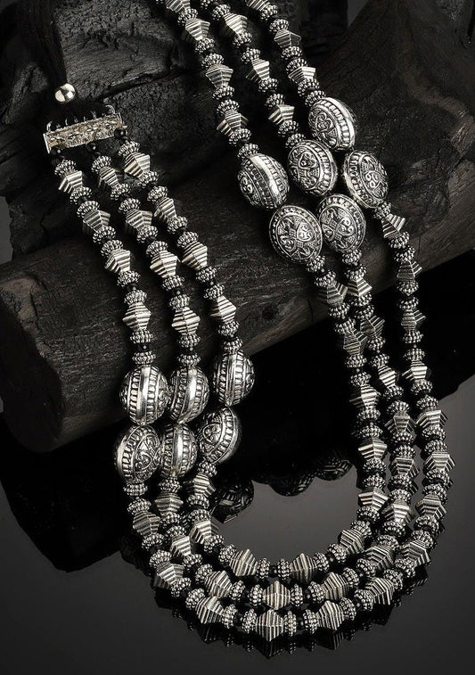 Antique-Inspired Elegance: Oxidized Silver Beaded Necklace from LabelChikankari