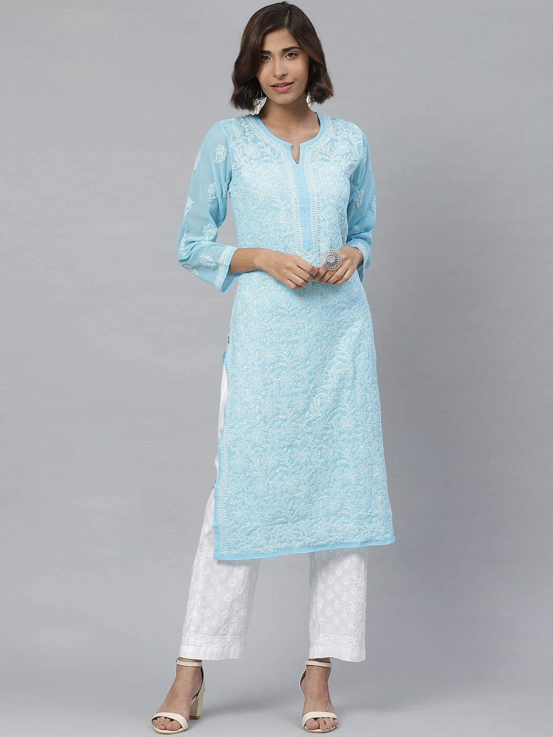 Sophisticated Chikankari Faux Georgette Kurta Set with Cotton Palazzo