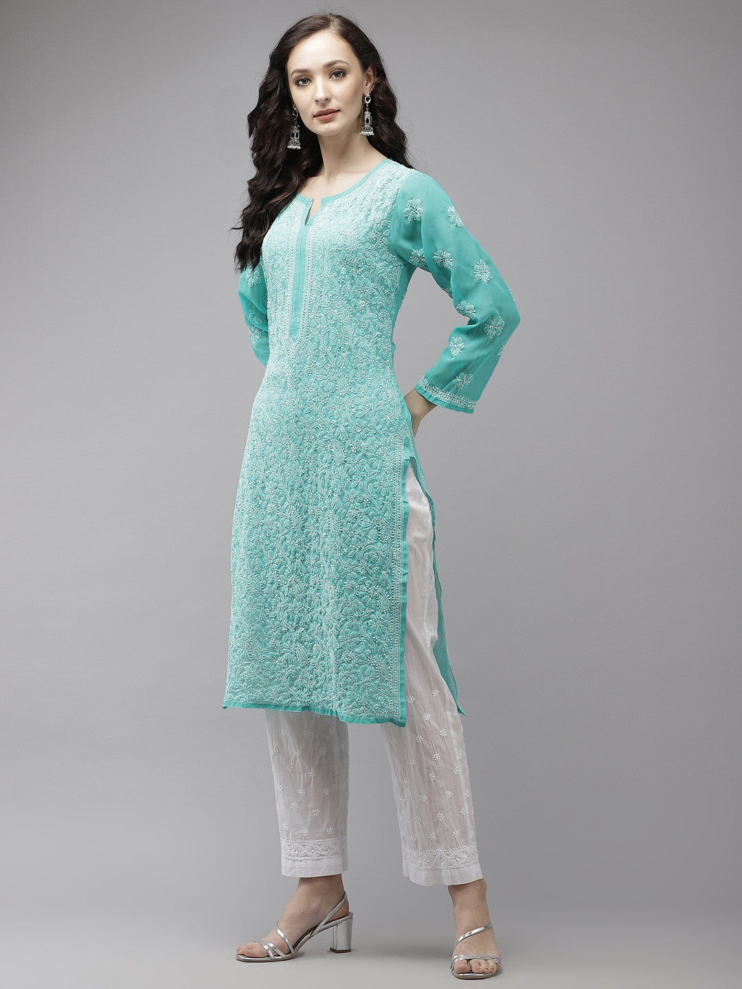 Sophisticated Chikankari Faux Georgette Kurta Set with Cotton Palazzo