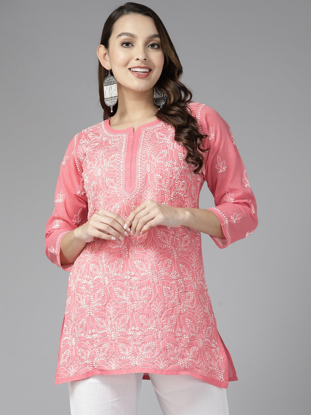 Vibrant Peach Cotton Kurti with Intricate Chikankari