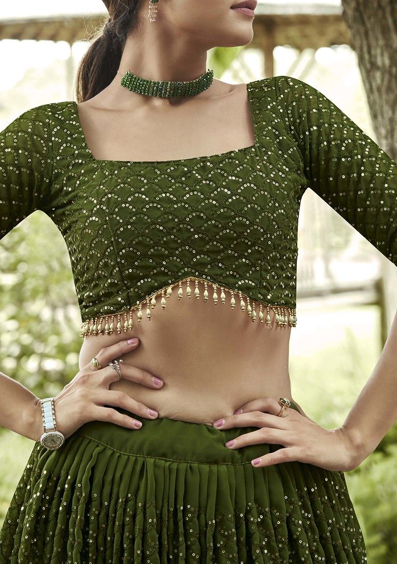 Glamorous Mehendi Green Sequin Embroidered Lehenga Set for Festive Occasions