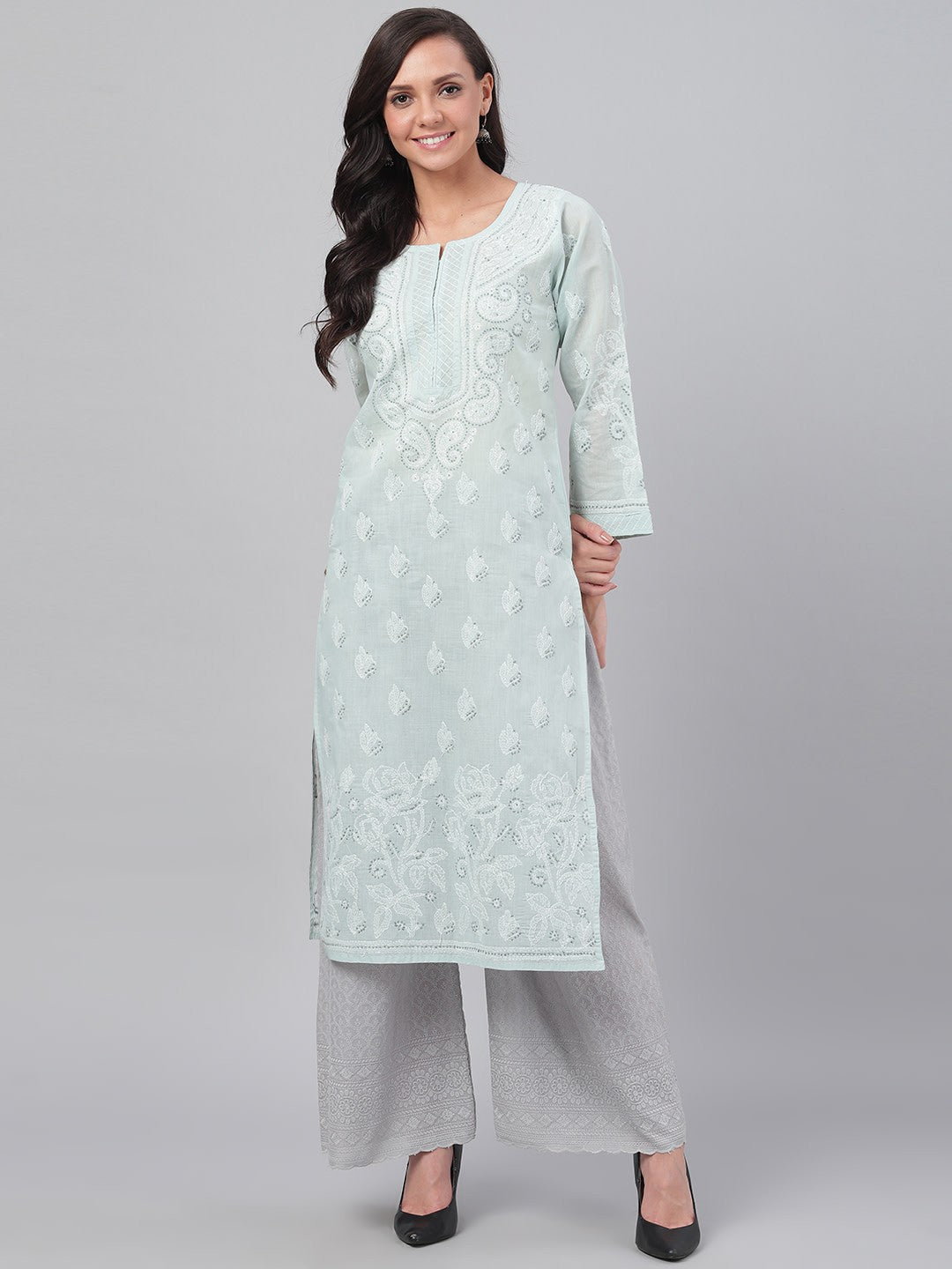 Hand-Embroidered Cotton Lucknowi Chikankari Straight Kurta