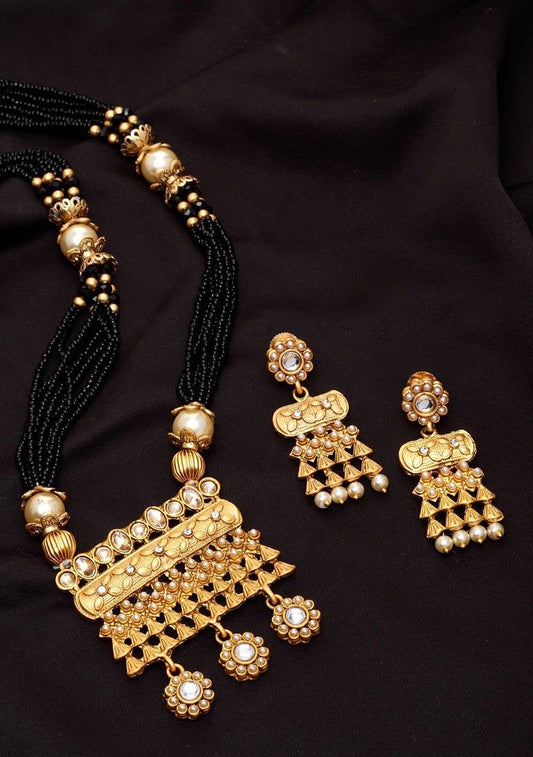 "Handcrafted Gold Plated Mangalsutra with Black Beads & Stone Accents"