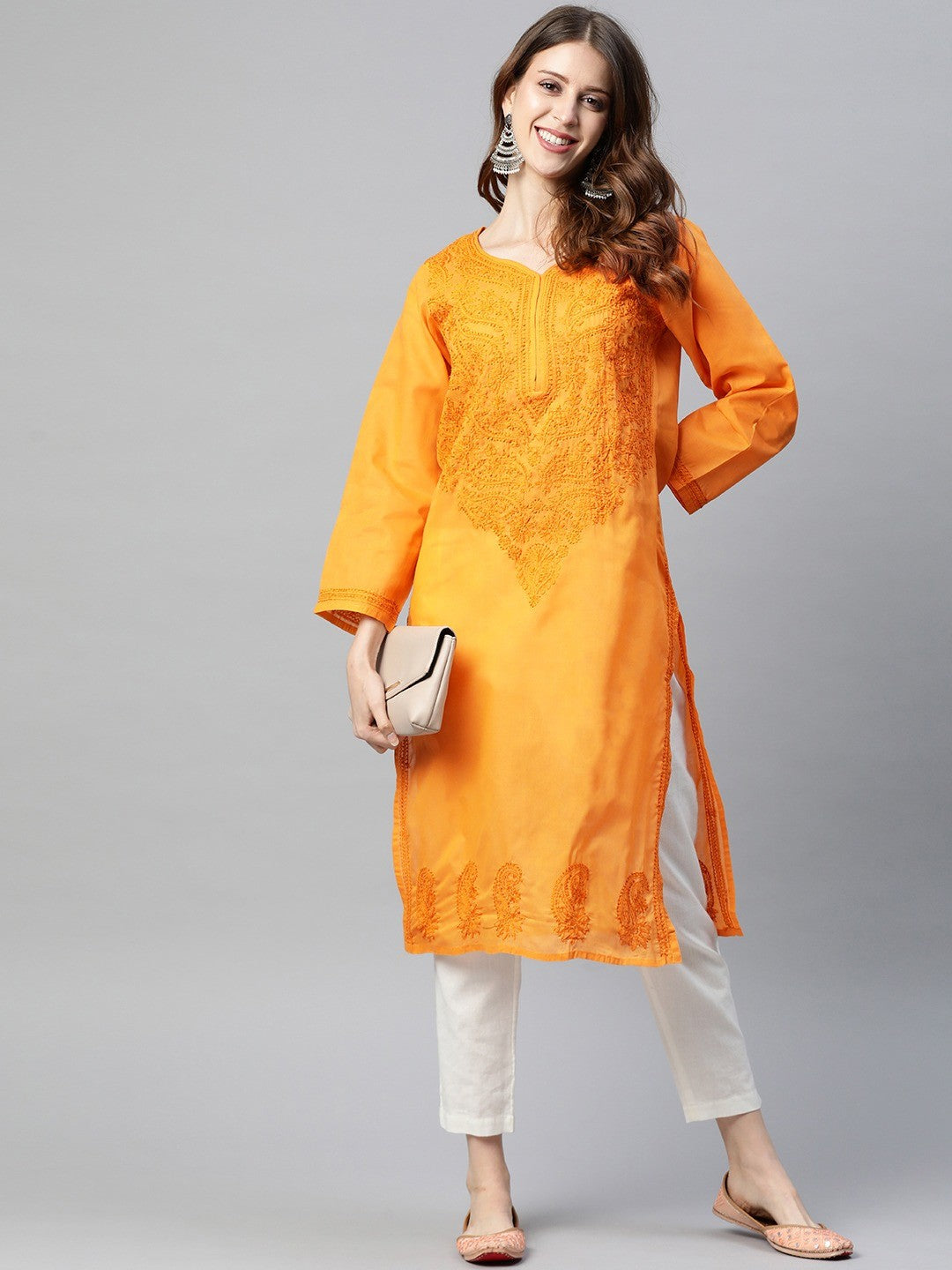 Elegant Fawn Cotton Chikankari Straight Kurta with Hand Embroidery