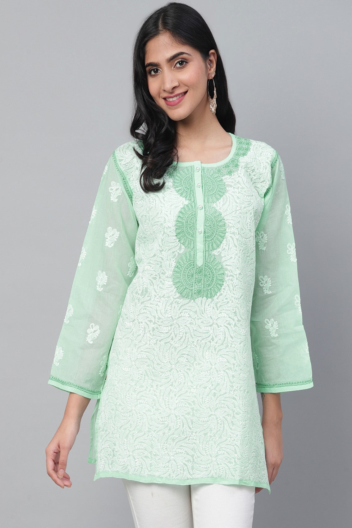 LabelChikankari Sea Green Cotton Chikan Kurti – Embroidered Perfection in Every Stitch