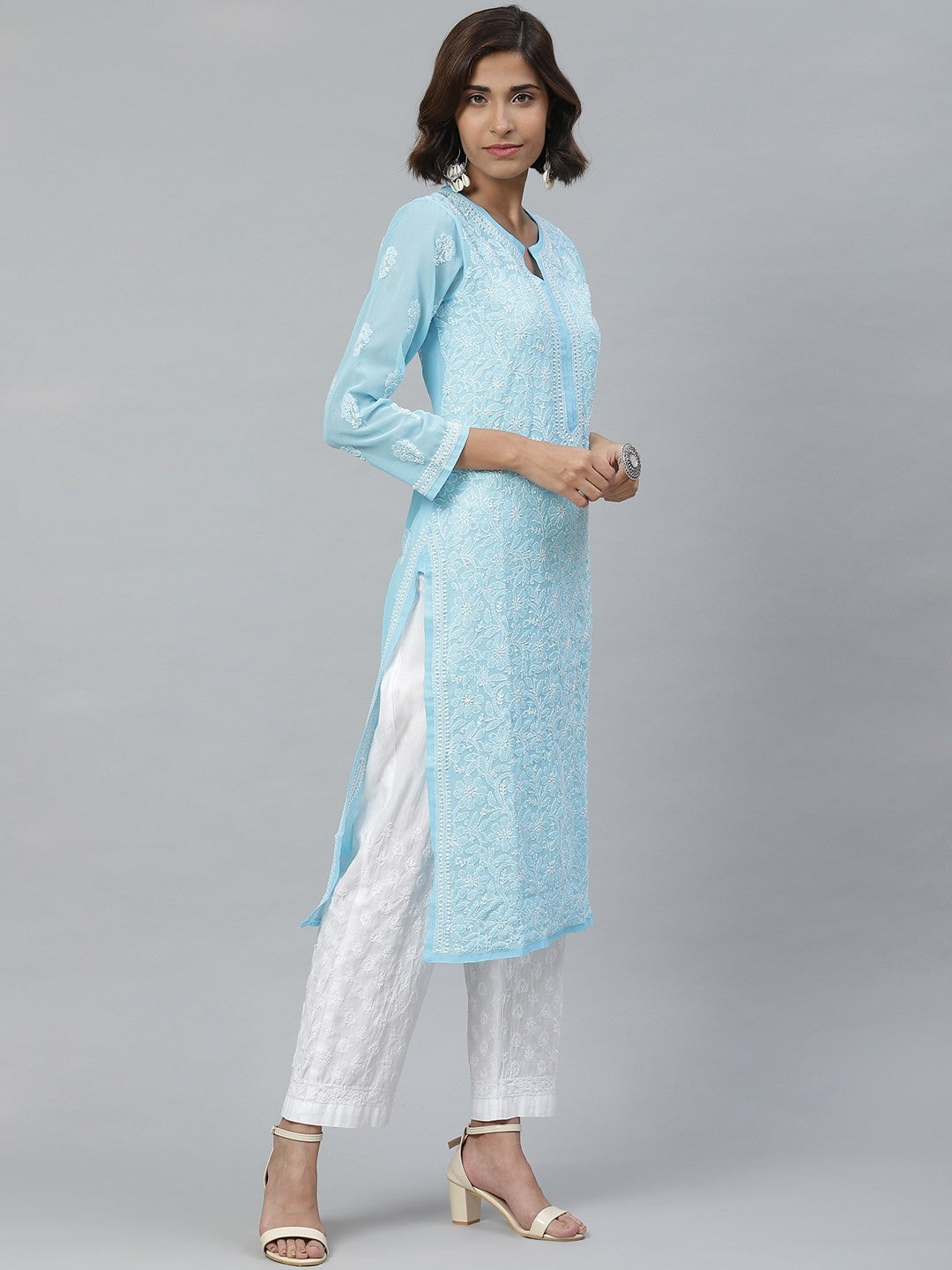 Sophisticated Chikankari Faux Georgette Kurta Set with Cotton Palazzo