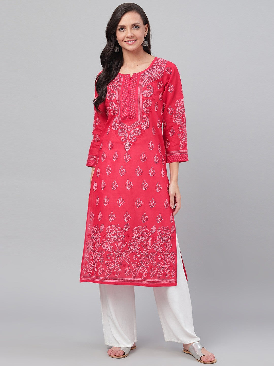 Hand-Embroidered Cotton Lucknowi Chikankari Straight Kurta