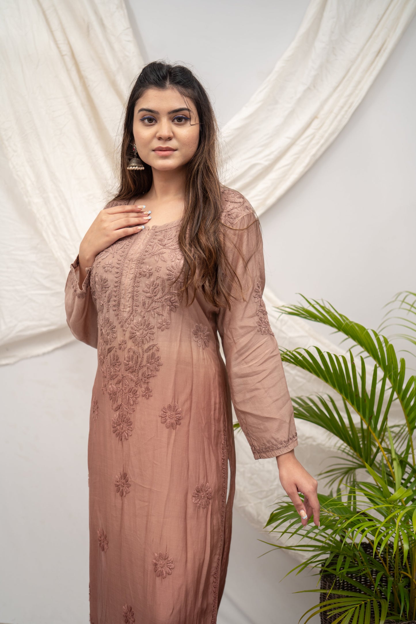 Butter-Soft Brown Ombre Chikankari Straight Kurti with Comfortable Palazzo