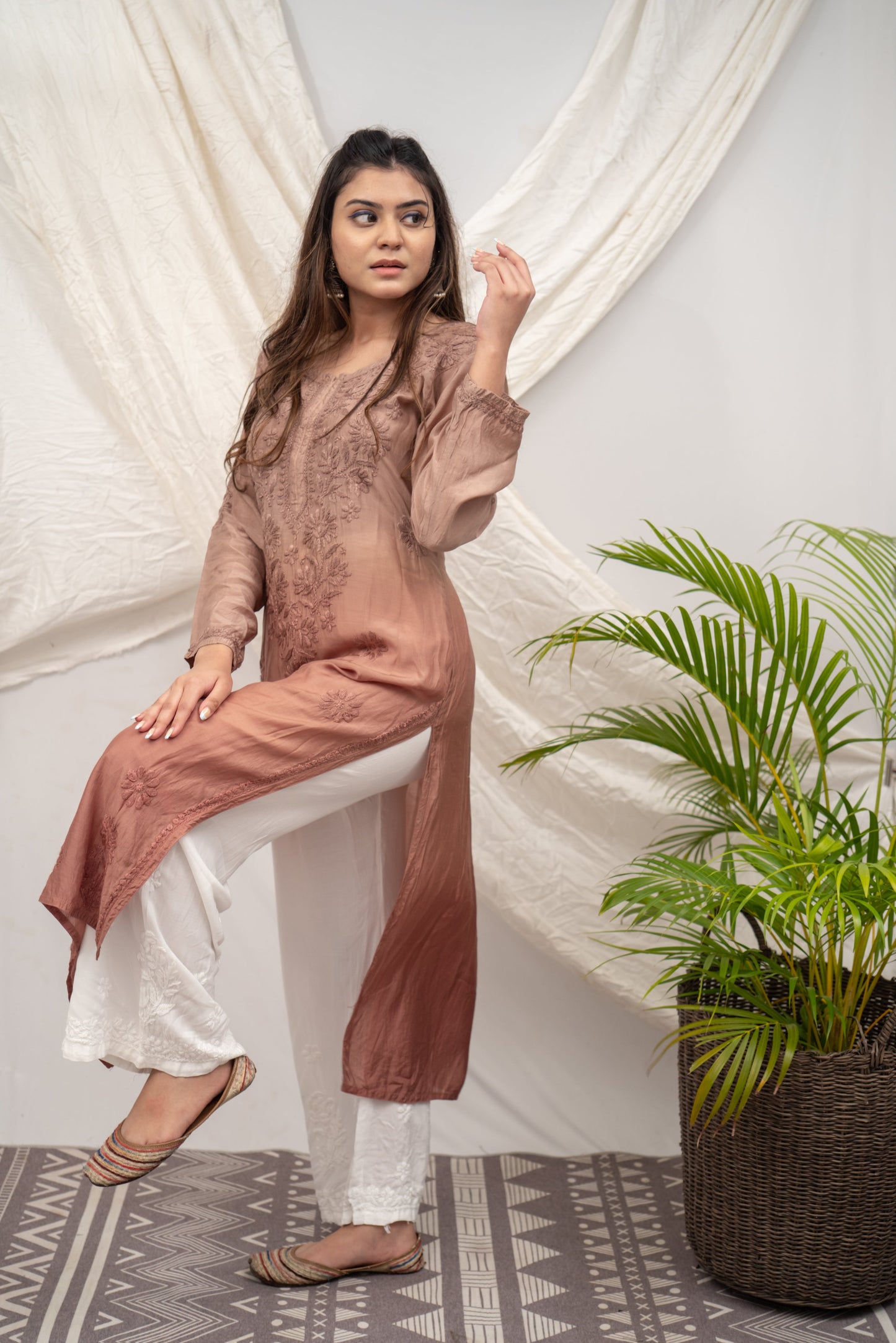 Butter-Soft Brown Ombre Chikankari Straight Kurti with Comfortable Palazzo