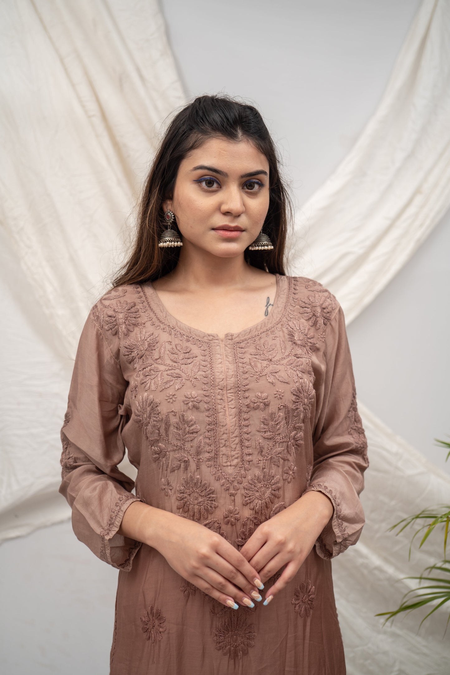 Butter-Soft Brown Ombre Chikankari Straight Kurti with Comfortable Palazzo