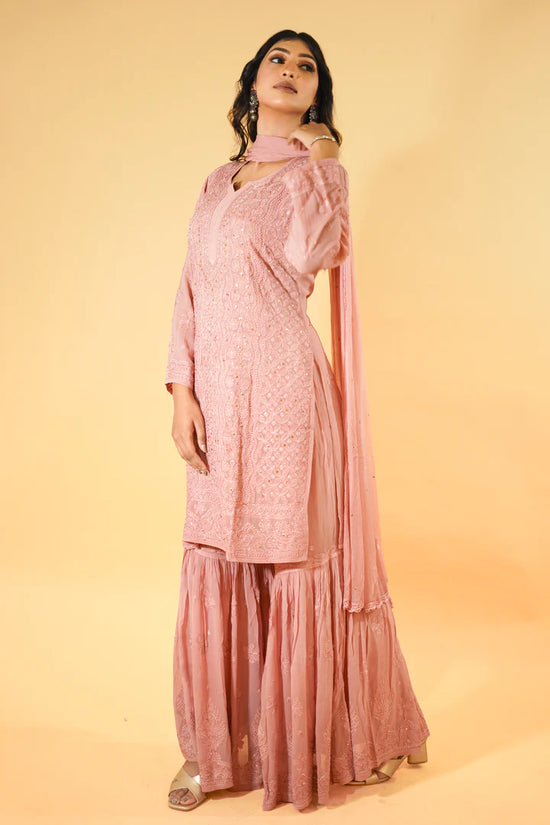 Royal Charm: Mukaish-Embellished Chikankari Sharara Ensemble