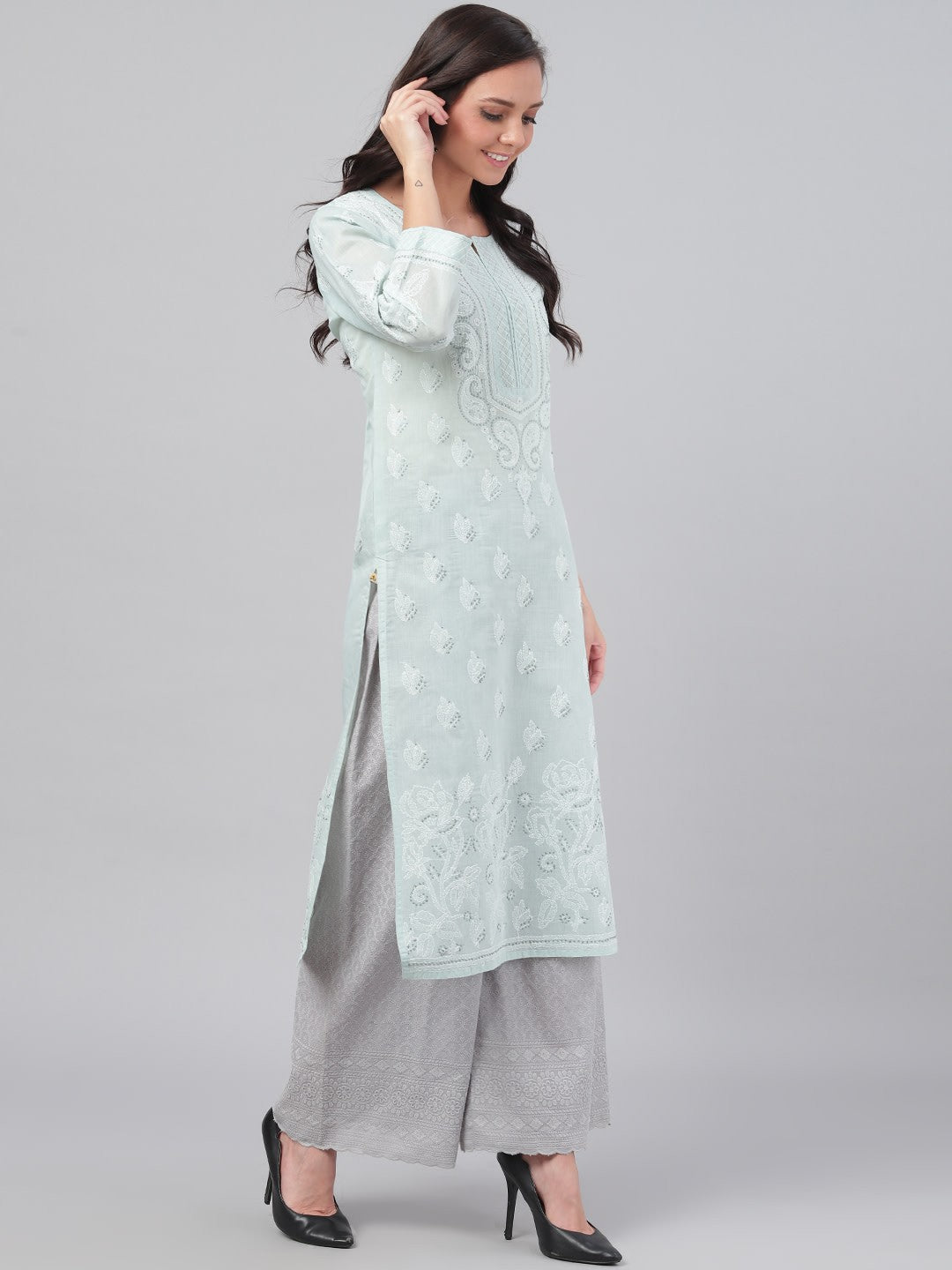 Hand-Embroidered Cotton Lucknowi Chikankari Straight Kurta