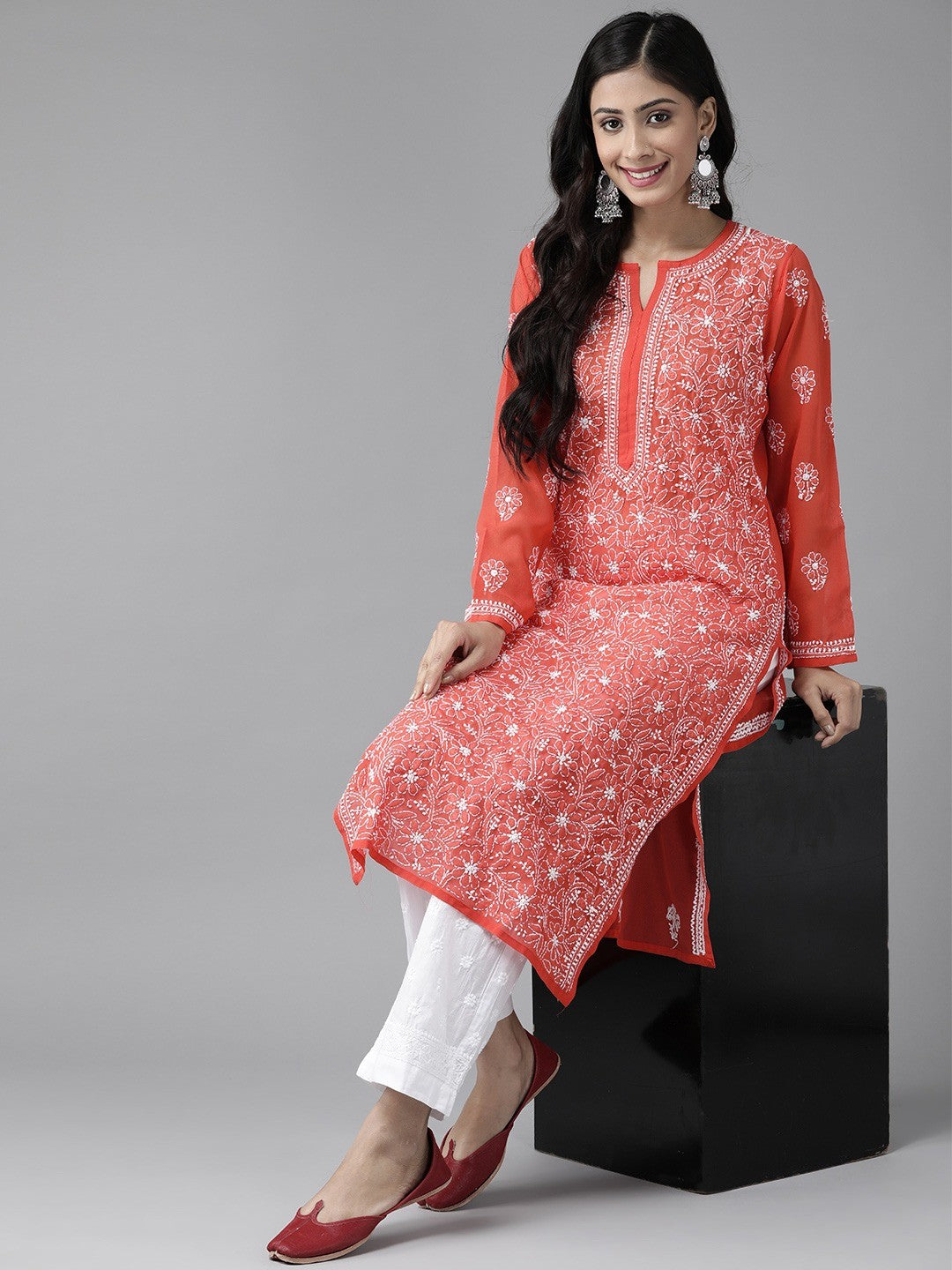 Sophisticated Chikankari Faux Georgette Kurta Set with Cotton Palazzo