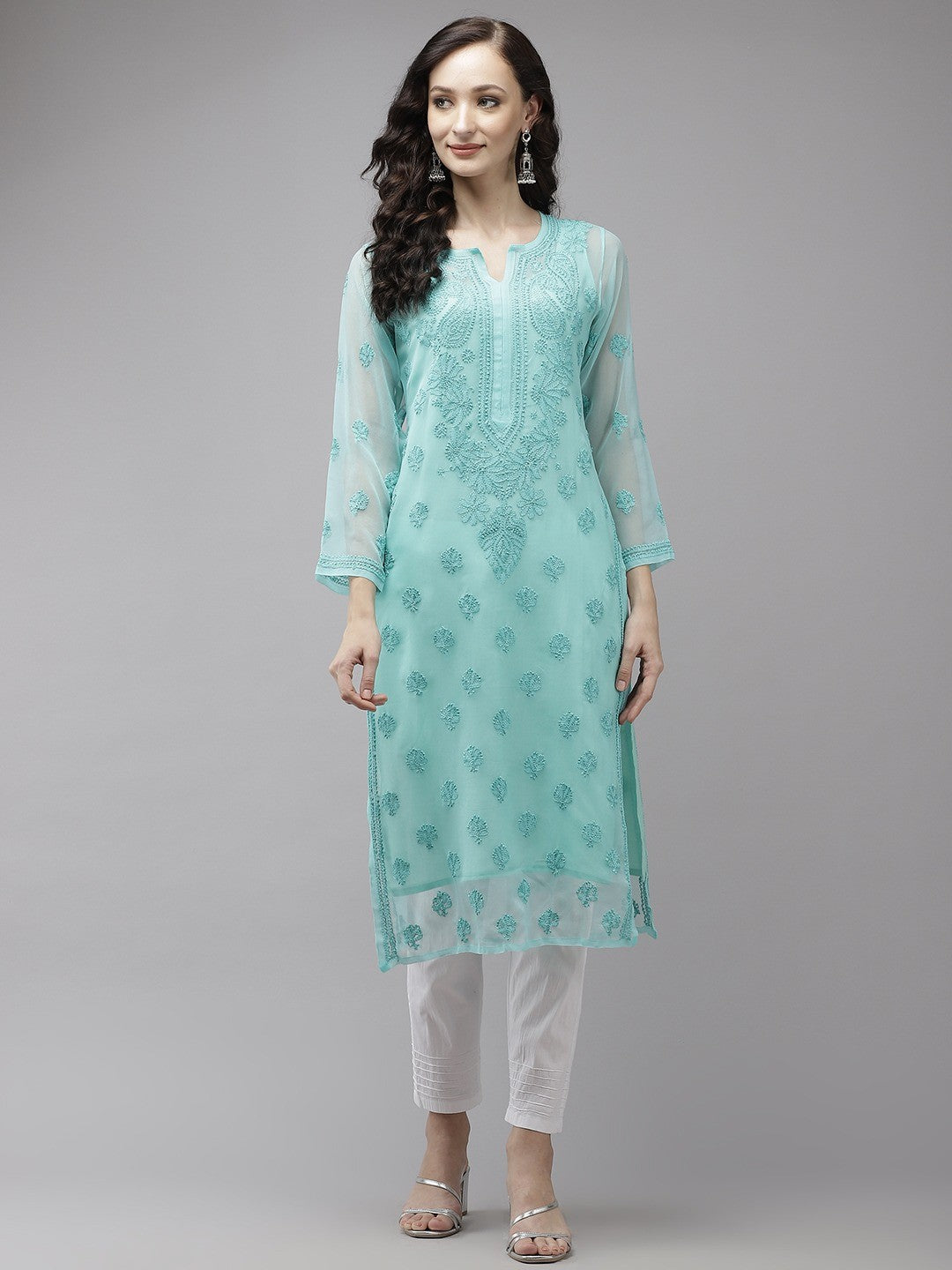 Timeless Handcrafted Chikankari Faux Georgette Kurta and Cotton Trouser Set