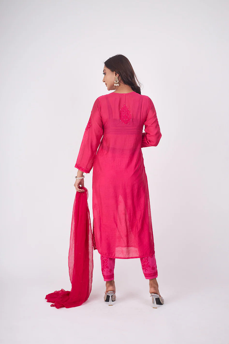 Pink Chanderi Chikankari Suit Set with Mukaish  Mirror Work Elegance