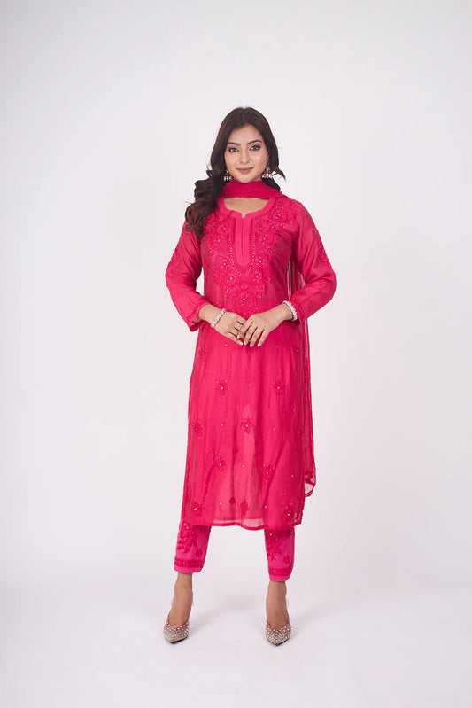 Pink Chanderi Chikankari Suit Set with Mukaish  Mirror Work Elegance