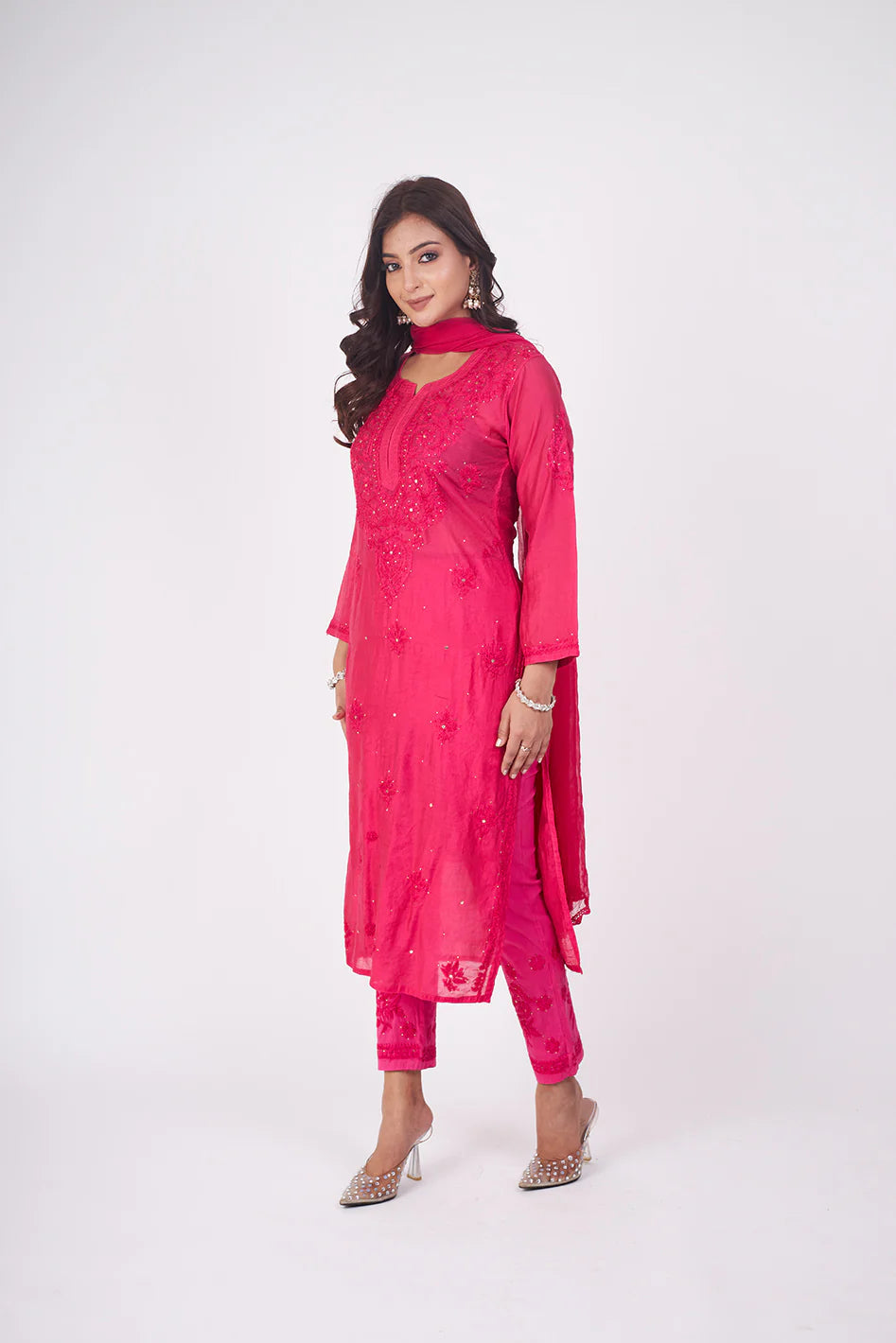 Pink Chanderi Chikankari Suit Set with Mukaish  Mirror Work Elegance