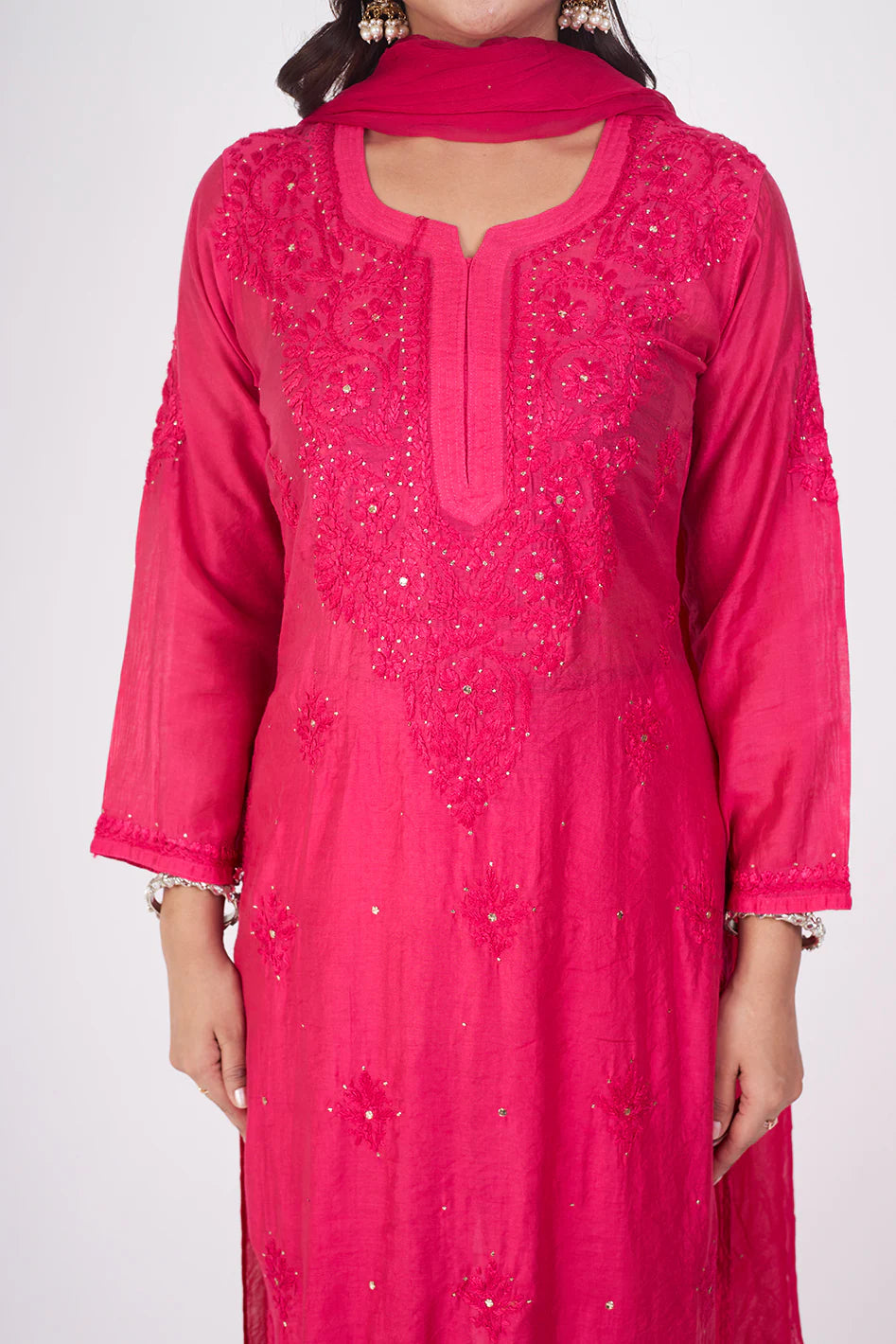 Pink Chanderi Chikankari Suit Set with Mukaish  Mirror Work Elegance