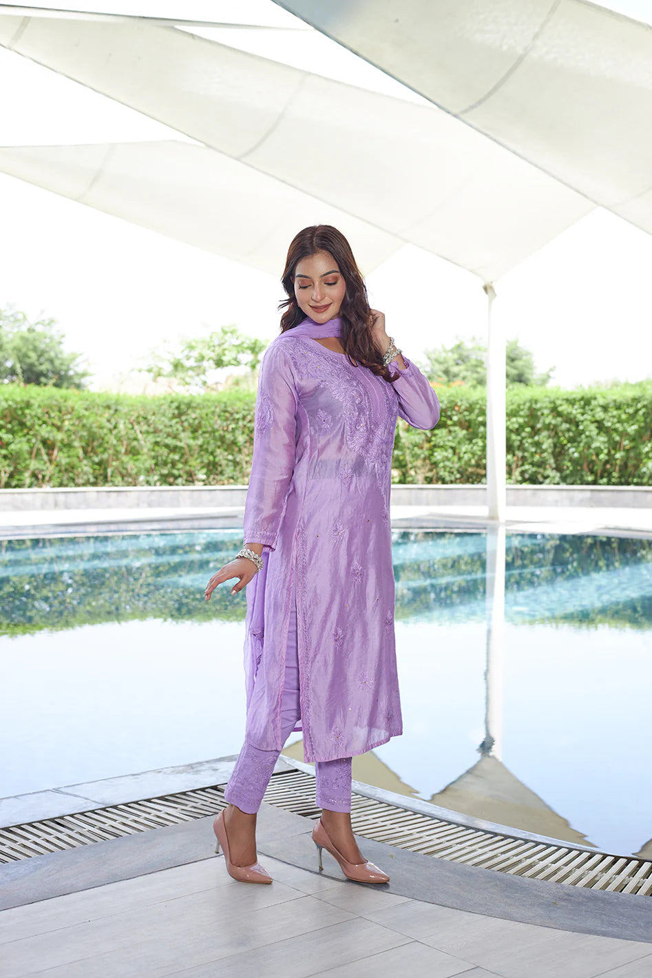 Graceful Elegance: Lavender Chanderi Chikankari Suit Set with Mukaish & Mirror Work