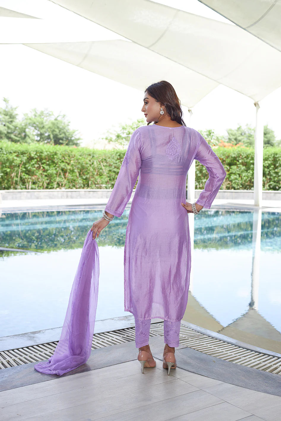 Graceful Elegance: Lavender Chanderi Chikankari Suit Set with Mukaish & Mirror Work