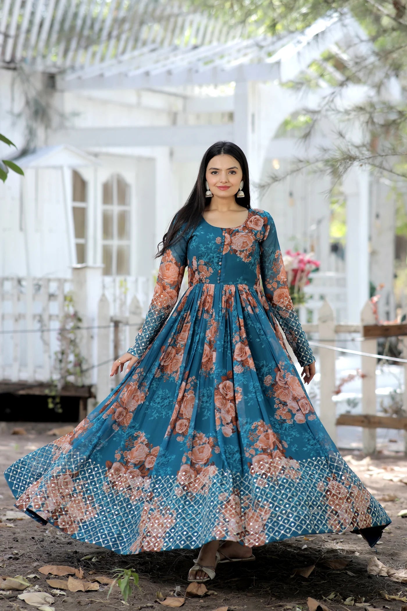 LabelChikankari Printed Faux Georgette Gown with Zari and Sequins Work