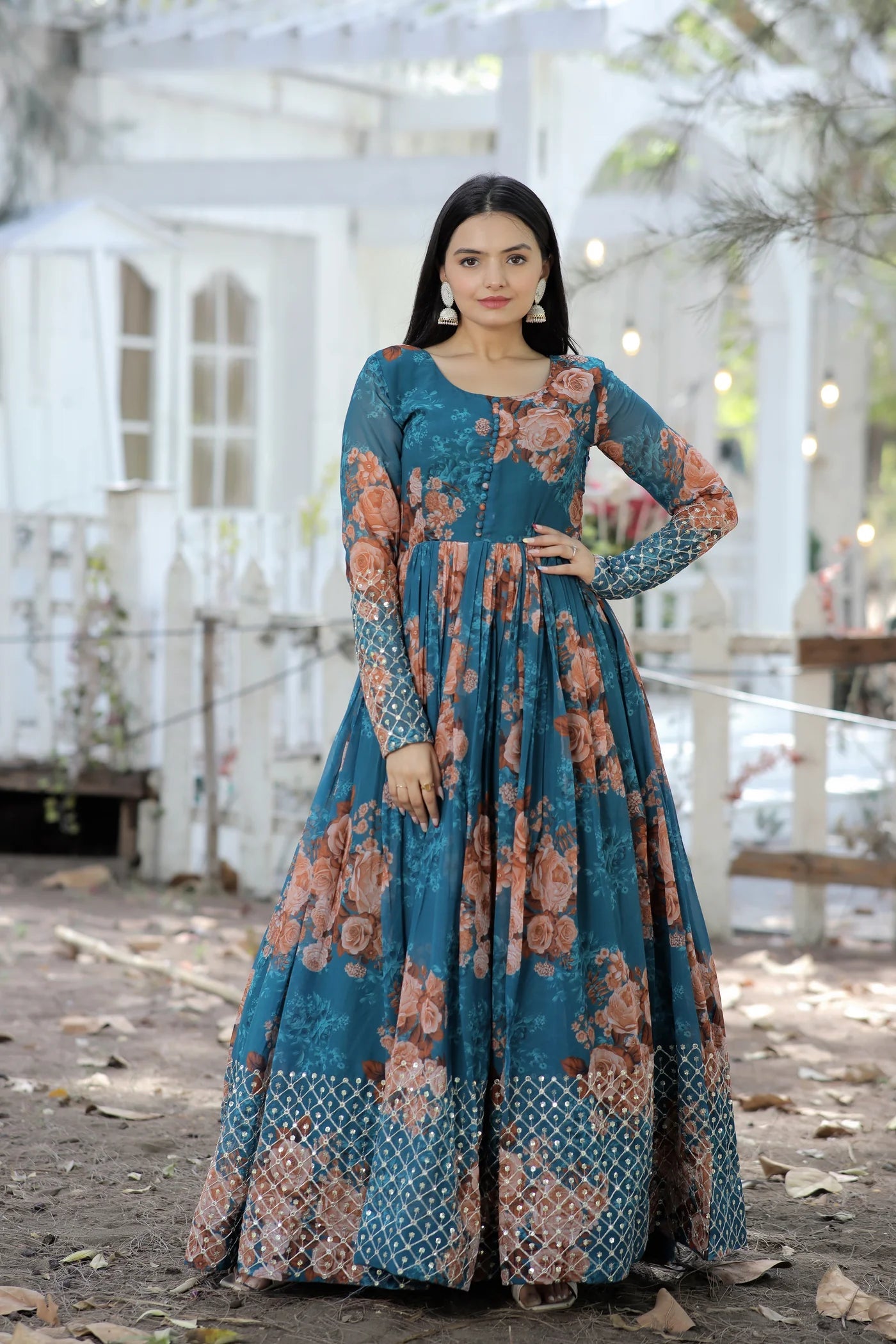 LabelChikankari Printed Faux Georgette Gown with Zari and Sequins Work