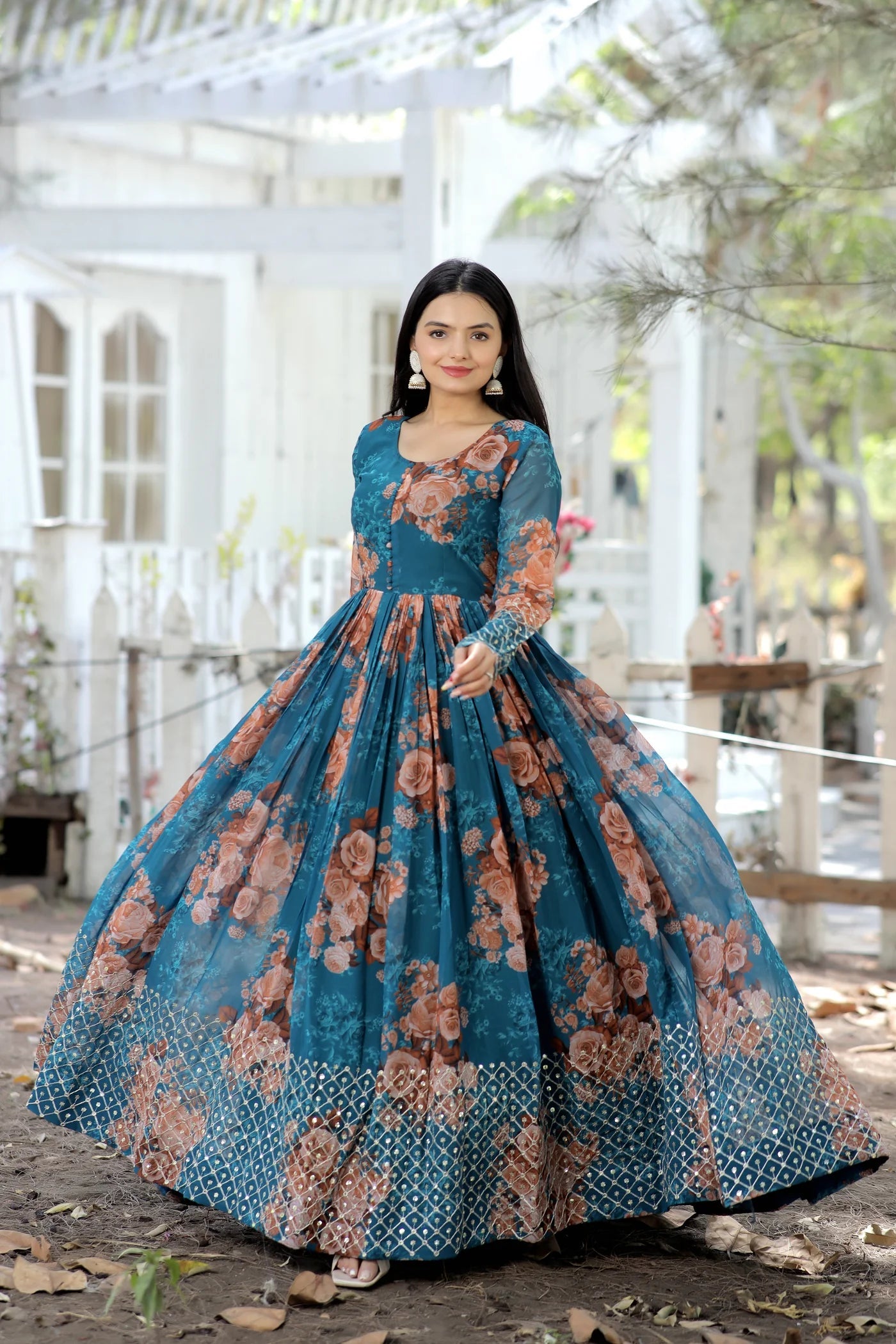 LabelChikankari Printed Faux Georgette Gown with Zari and Sequins Work