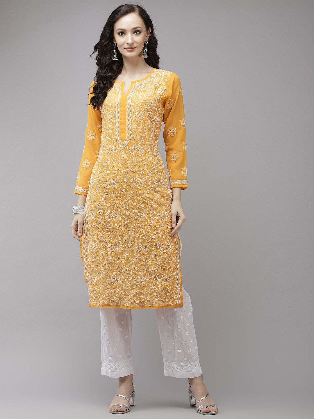 Sophisticated Chikankari Faux Georgette Kurta Set with Cotton Palazzo