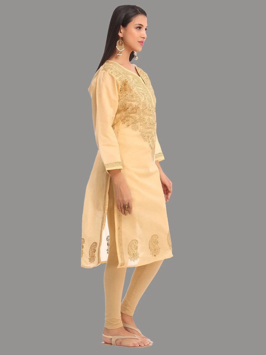 Elegant Fawn Cotton Chikankari Straight Kurta with Hand Embroidery