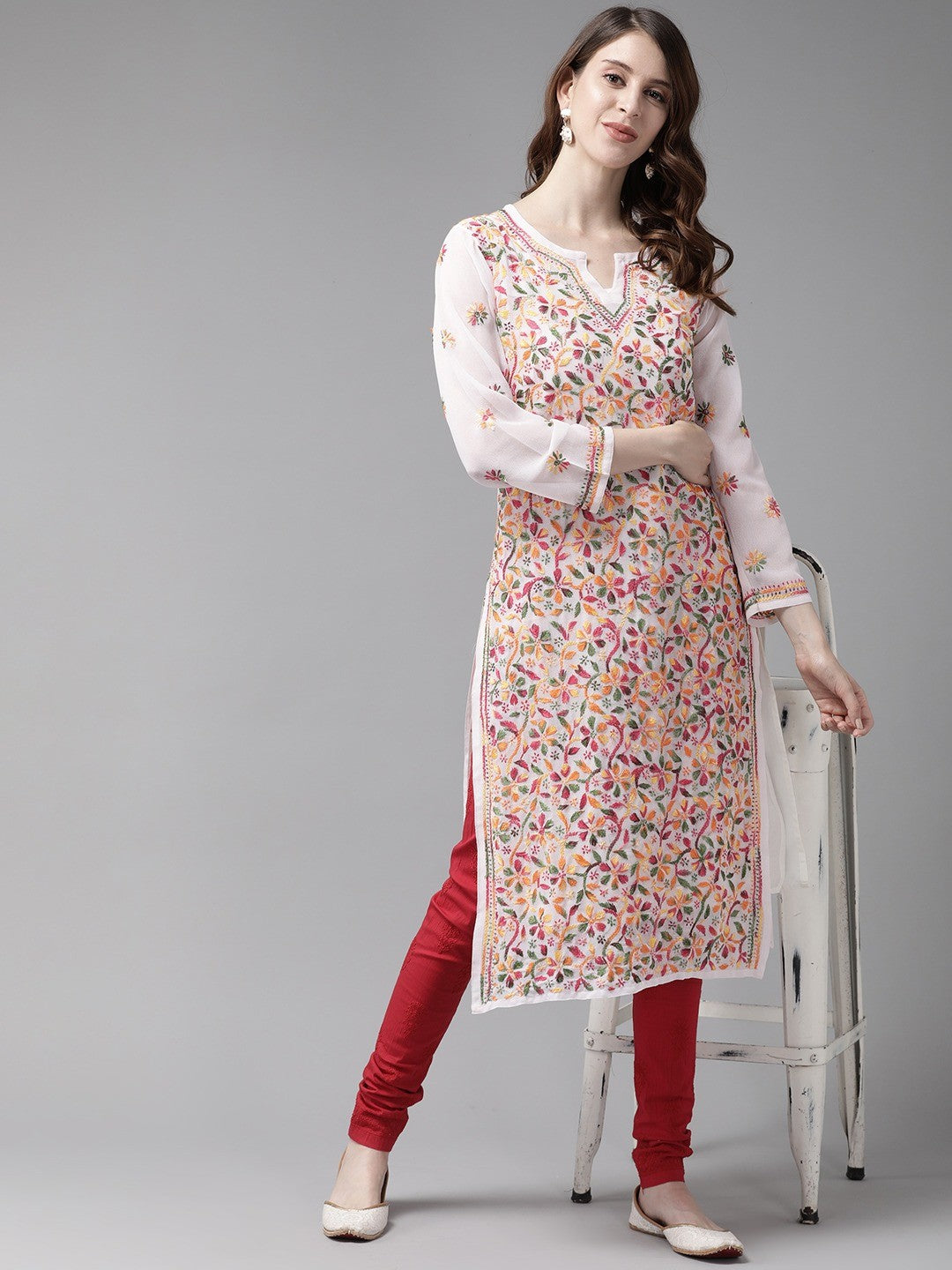 Elegant Hand-Embroidered Faux Georgette Chikankari Kurta Set with Cotton Trousers