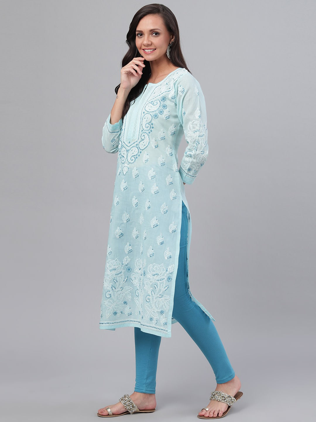 Hand-Embroidered Cotton Lucknowi Chikankari Straight Kurta