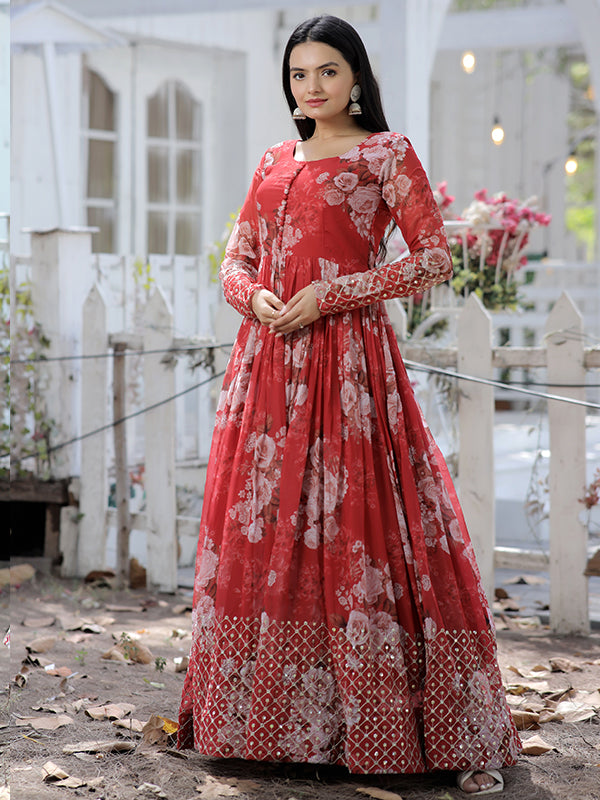 LabelChikankari Printed Faux Georgette Gown with Zari and Sequins Work