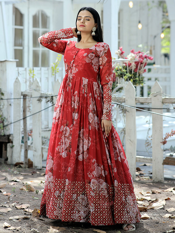 LabelChikankari Printed Faux Georgette Gown with Zari and Sequins Work