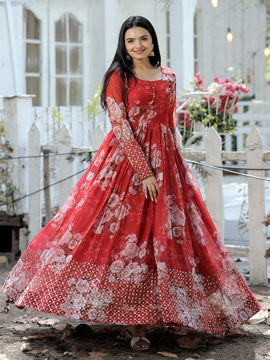 LabelChikankari Printed Faux Georgette Gown with Zari and Sequins Work