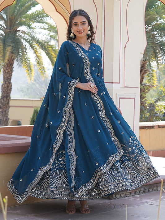 LabelChikankari Elegant Blue Sequins Work Wedding Gown with Dupatta