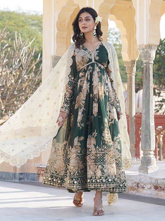 LabelChikankari Dark Green Printed & Zari Embroidered Gown with Dupatta Set