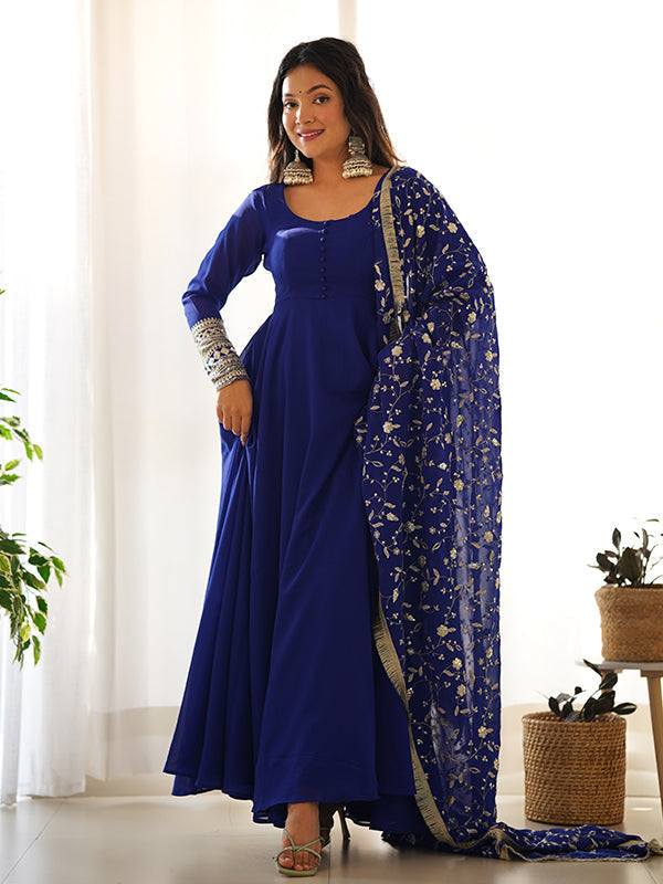 Royal Blue Georgette Anarkali with Golden Embroidered Dupatta