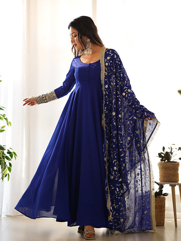 Royal Blue Georgette Anarkali with Golden Embroidered Dupatta