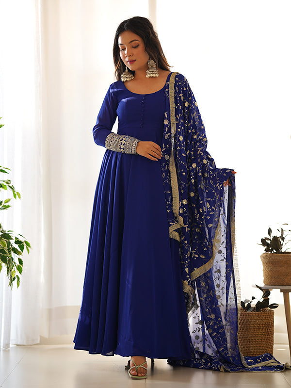 Royal Blue Georgette Anarkali with Golden Embroidered Dupatta