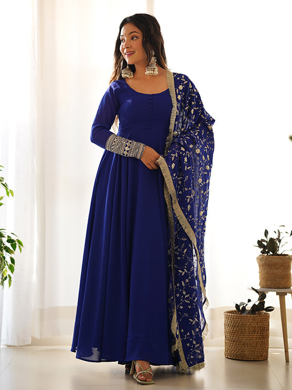 Royal Blue Georgette Anarkali with Golden Embroidered Dupatta