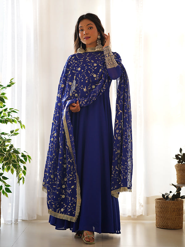 Royal Blue Georgette Anarkali with Golden Embroidered Dupatta