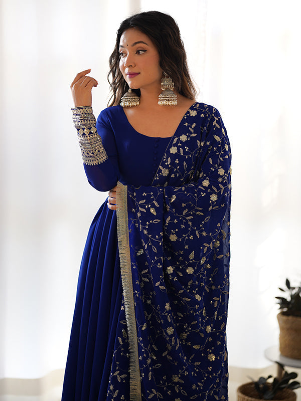 Royal Blue Georgette Anarkali with Golden Embroidered Dupatta