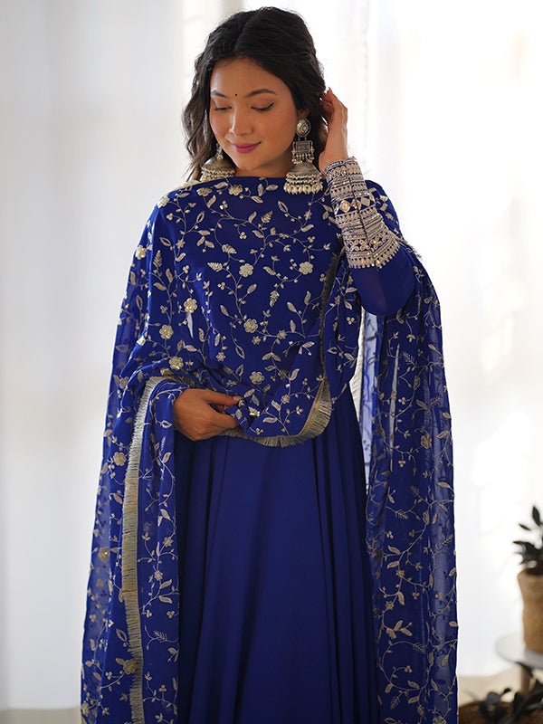 Royal Blue Georgette Anarkali with Golden Embroidered Dupatta