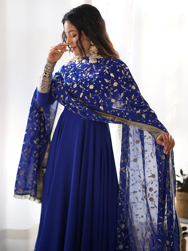 Royal Blue Georgette Anarkali with Golden Embroidered Dupatta