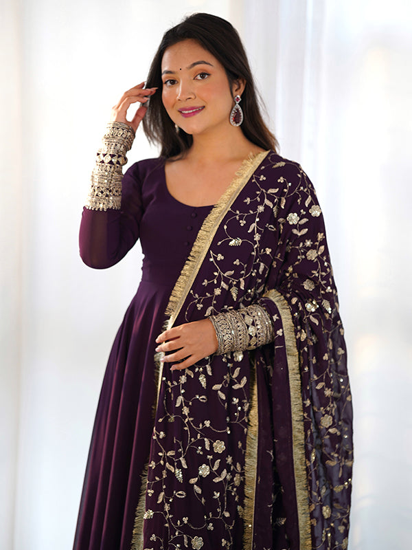 LabelChikankari Wine Anarkali Georgette Gown with Golden Dupatta Set