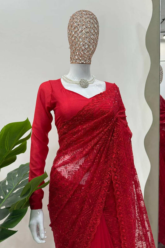 Radiant Red Soft Net Thread & Sequence Work Saree by LabelChikankari