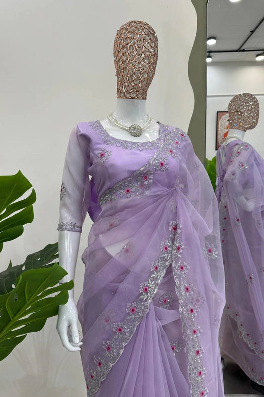 Lavender Elegance: Organza Silk Saree with Thread & Sequence Work by LabelChikankari