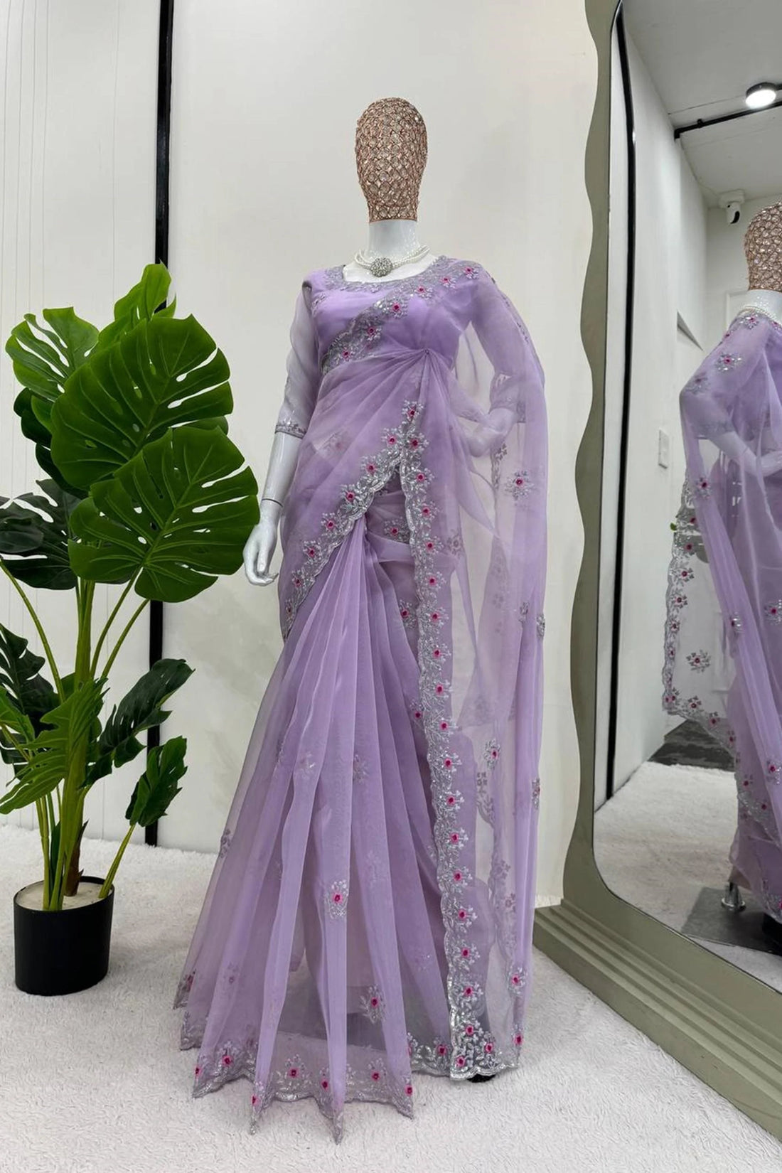 Lavender Elegance: Organza Silk Saree with Thread & Sequence Work by LabelChikankari