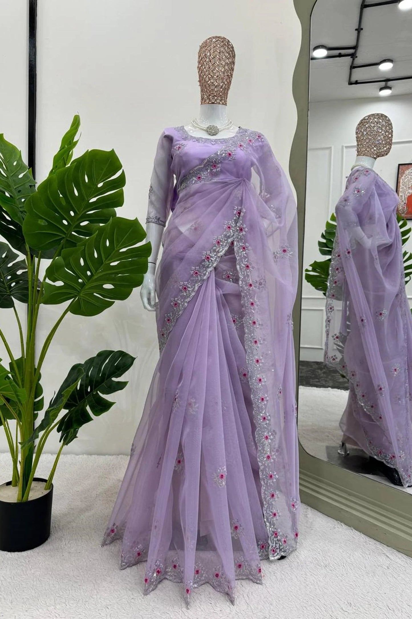 Lavender Elegance: Organza Silk Saree with Thread & Sequence Work by LabelChikankari