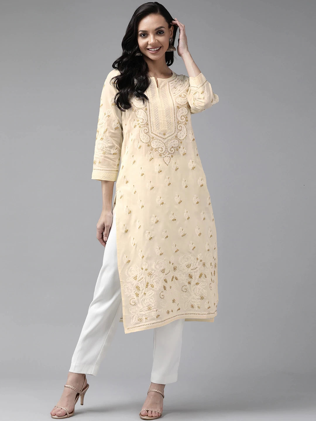 Hand-Embroidered Cotton Lucknowi Chikankari Straight Kurta